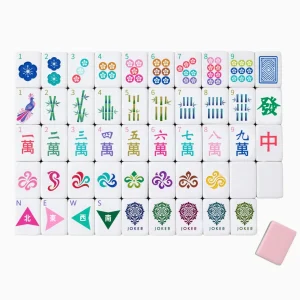 Neat grid layout of East Glow mahjong tiles with colorful oriental floral, phoenix and traditional Chinese printed patterns