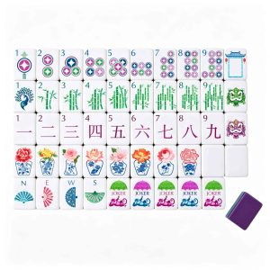 Full 160-piece OMHJGO Bamboo Peacock Lion Mahjong Tiles set with floral, bamboo, and cultural motifs
