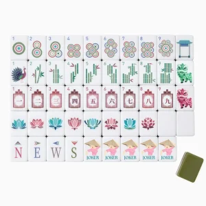 Neat grid arrangement of East Bloom mahjong tiles with traditional lotus, peacock and lion print patterns