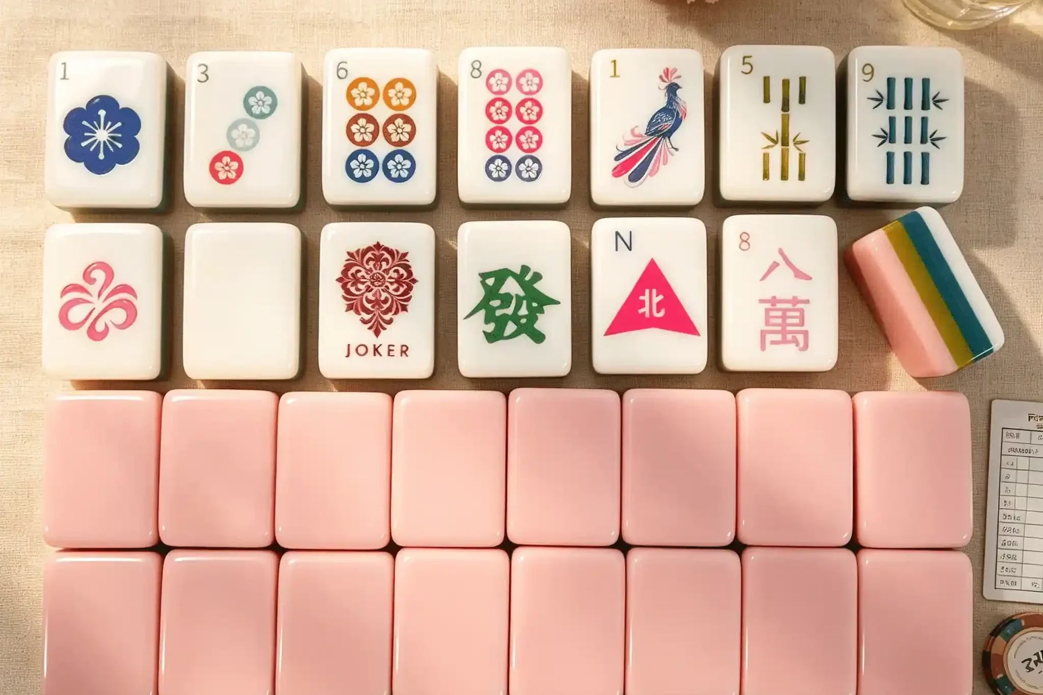 Neat display of luxury East Glow Mahjong Tiles showing pink, yellow, green and white 4-layer build.