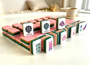 Stacked arrangement of luxury East Glow Mahjong Tiles showing pink, yellow, green and white 4-layer build.