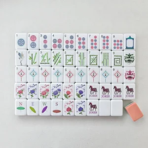 Neat flat lay of complete Fortune Knot Mahjong Tiles with full dot, bamboo, wan, wind, flower and horse joker tiles.