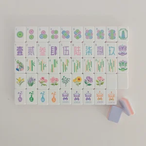 Full suit preview of Floral Pagoda mahjong tiles showing the 4-layer lavender and orange acrylic build.