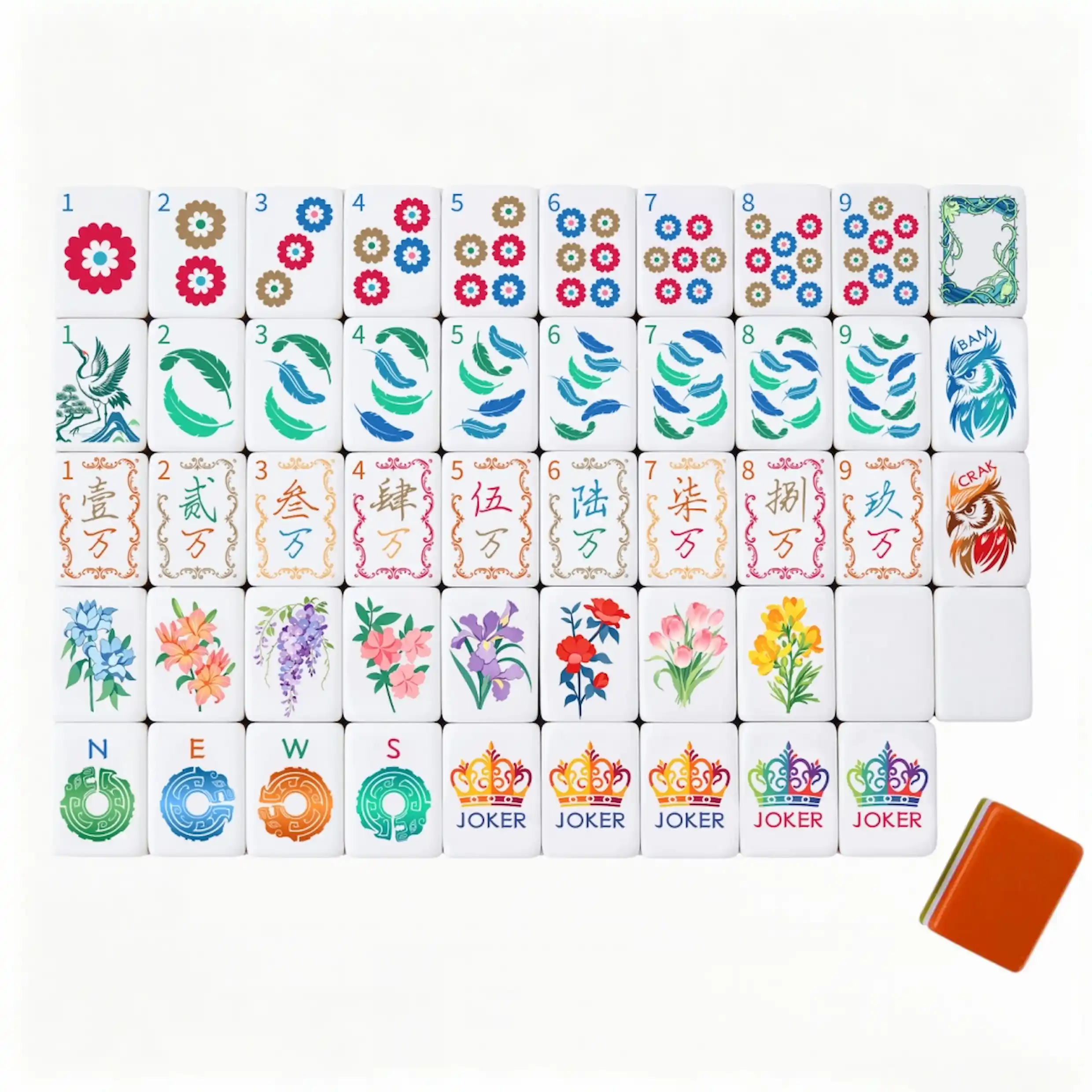 OMHJGO Cranes & Feathers complete mahjong tile set displayed face-up in organized rows showing Dot suit chrysanthemum tiles, Crak calligraphy tiles, Bam feather tiles, NEWS jade disc Wind tiles, botanical Flower tiles, and crown Joker tiles