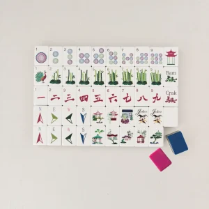 Balanced view of assorted Pagoda Breeze suit faces arranged neatly alongside a luxury navy blue color block backing tile.