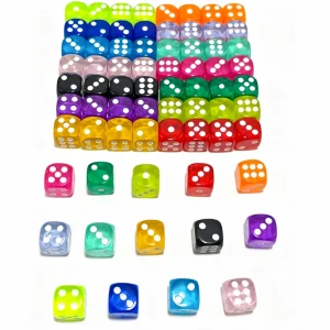 Grid arrangement of translucent 14-color standard dot acrylic dice for mahjong and tabletop gaming product display.