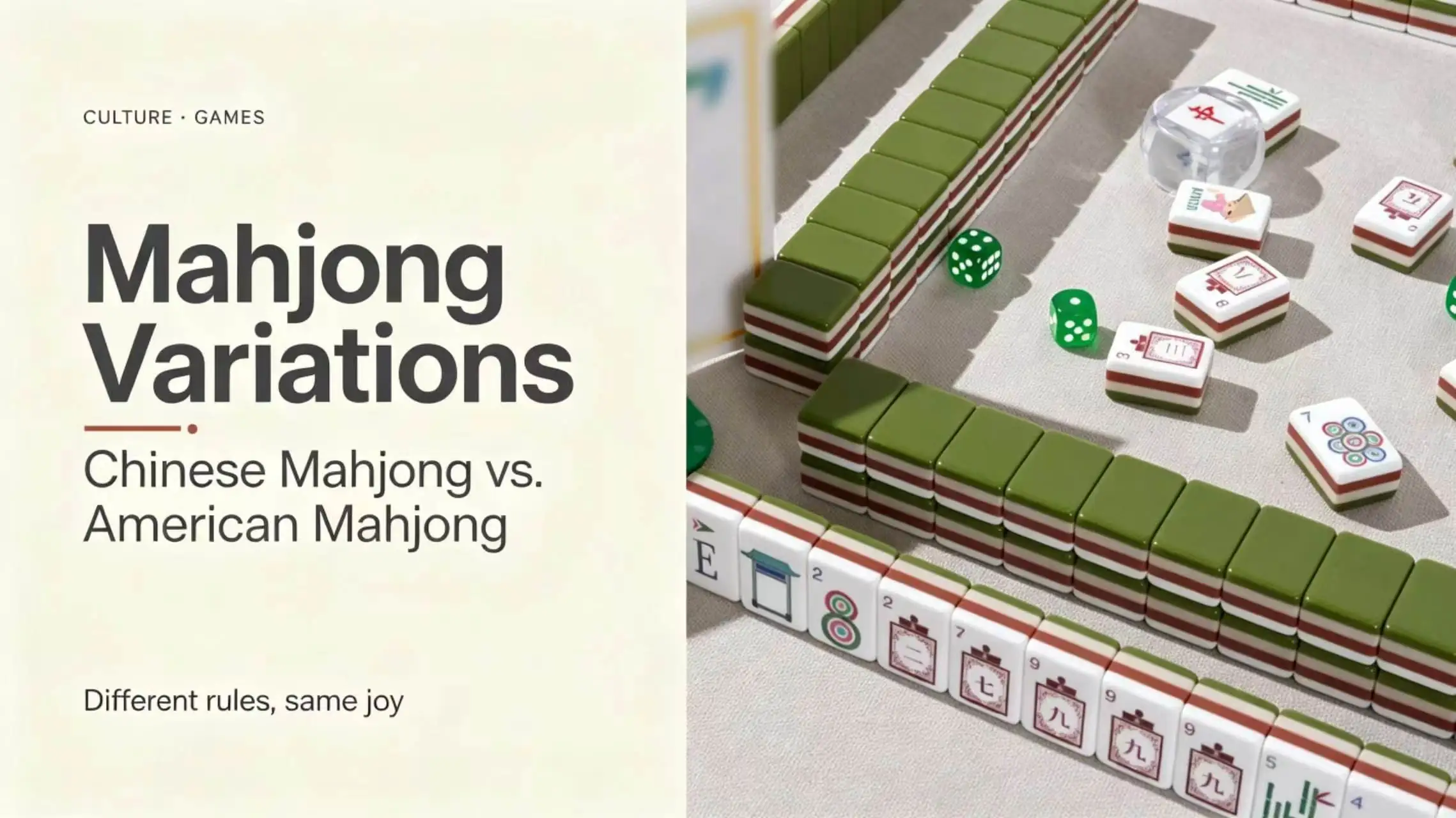 Split blog hero image for Mahjong Variations: From Chinese Mahjong to American Mahjong, text panel and mahjong set layout