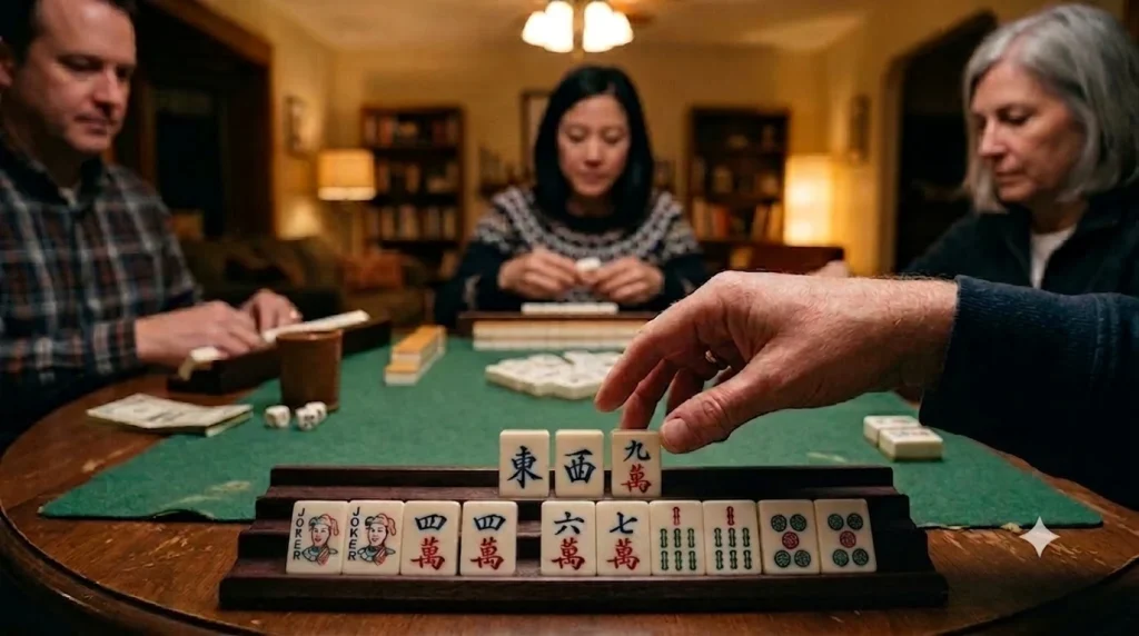 Real American mahjong table scene for Charleston tile passing beginners