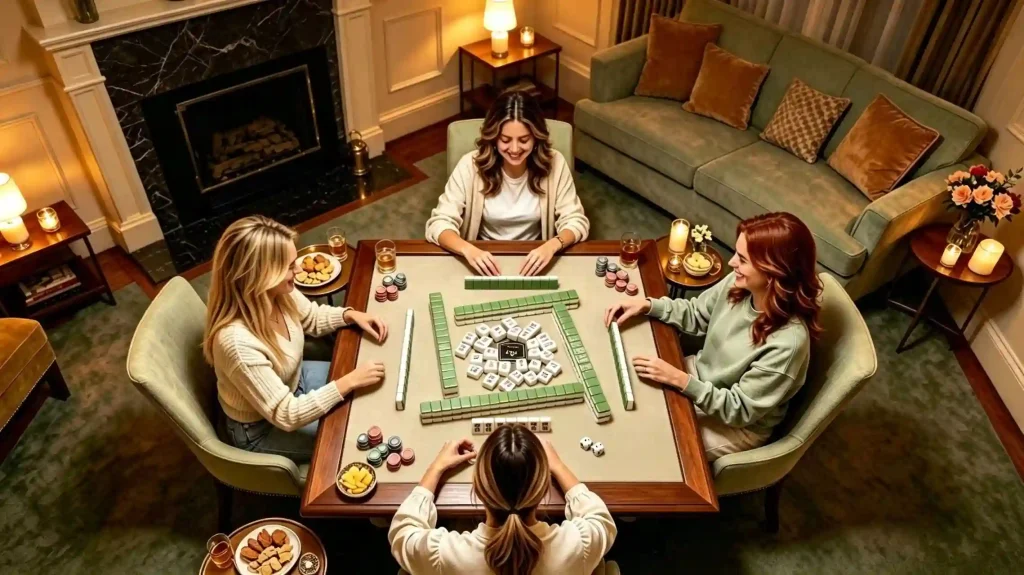 Friends enjoying an American Mahjong night together with an elegant Mahjong table setup