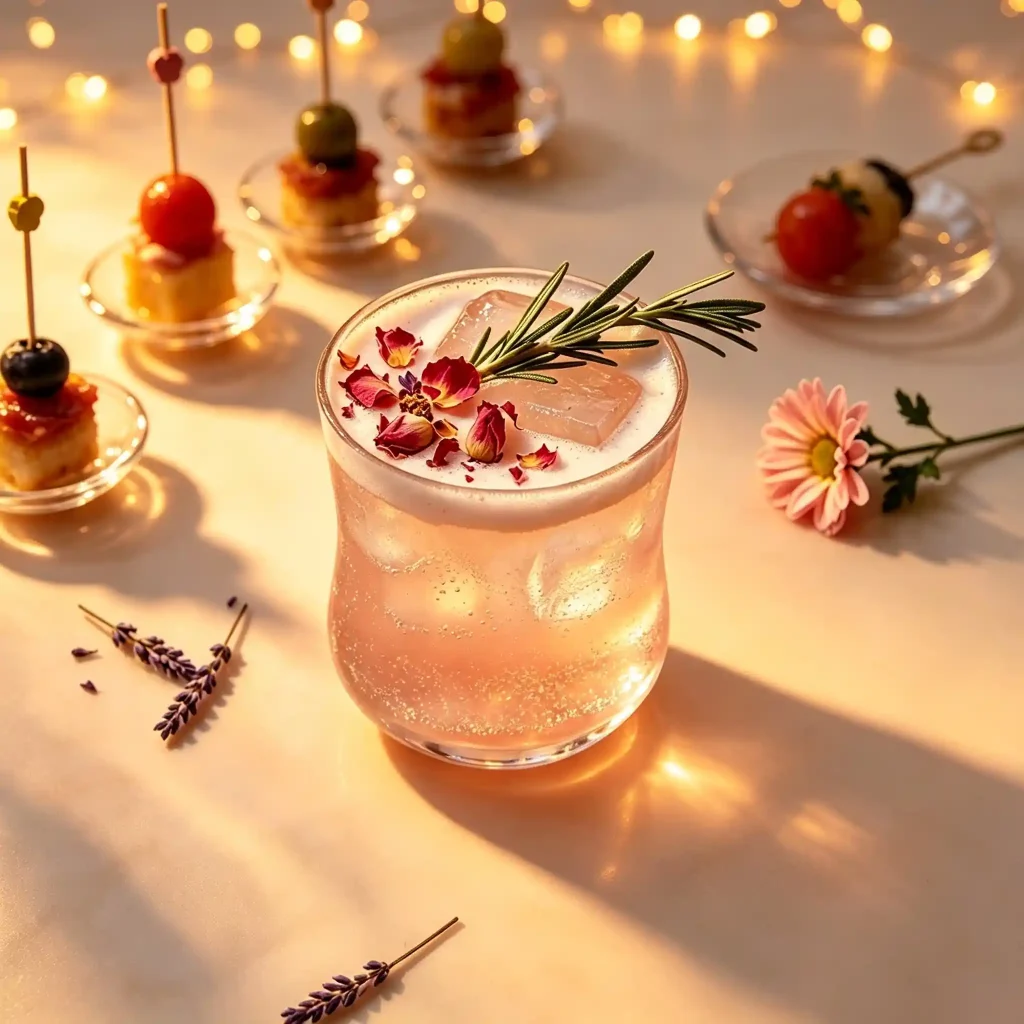 Elegant Mahjong night refreshments with a floral cocktail and party snacks for a stylish gathering