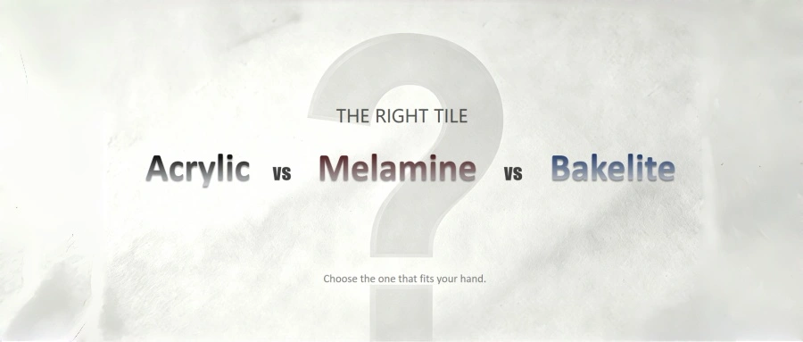 Graphic illustration comparing three mahjong tile materials: Acrylic, Melamine, Bakelite, with question mark theme for buying guide article