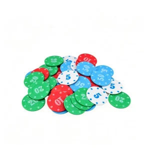 Pile of Four-Color Value Scoring Chips, numbered mahjong game chips marked 5, 10, 20, 50 on plain white background