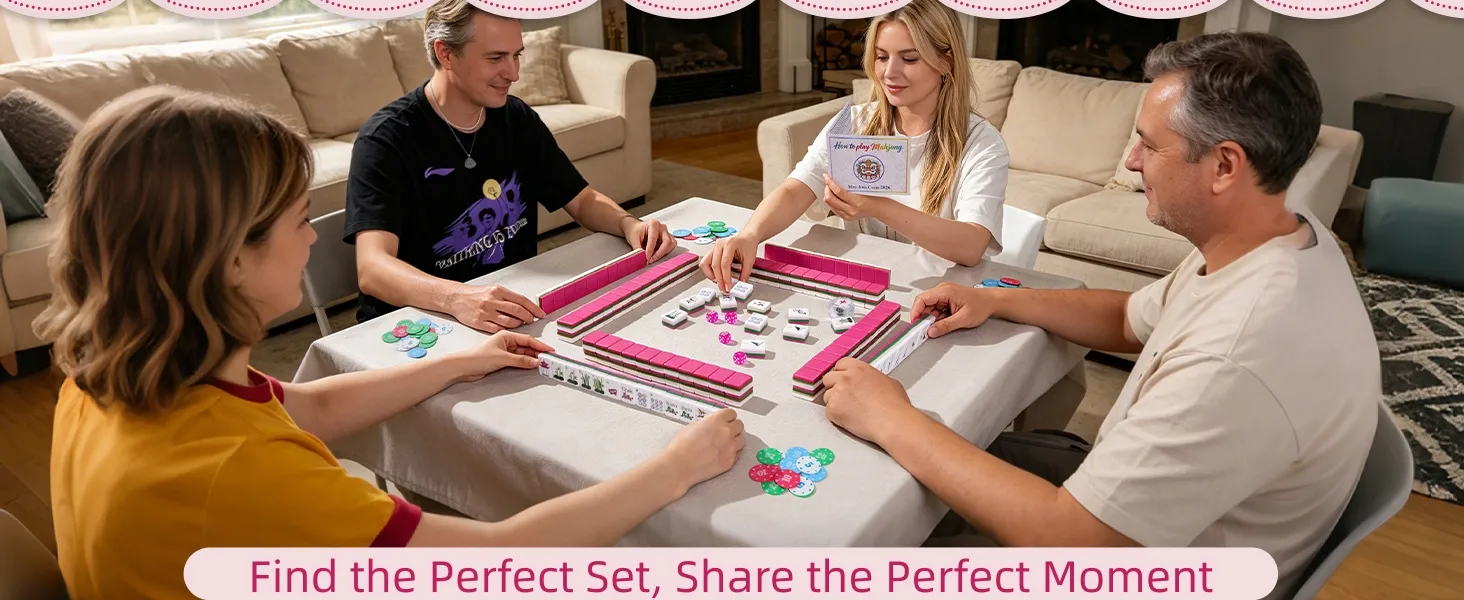 Four friends playing Pagoda Breeze Mahjong Tiles set in cozy living room, with tile racks, game chips and mahjong instruction booklet on table