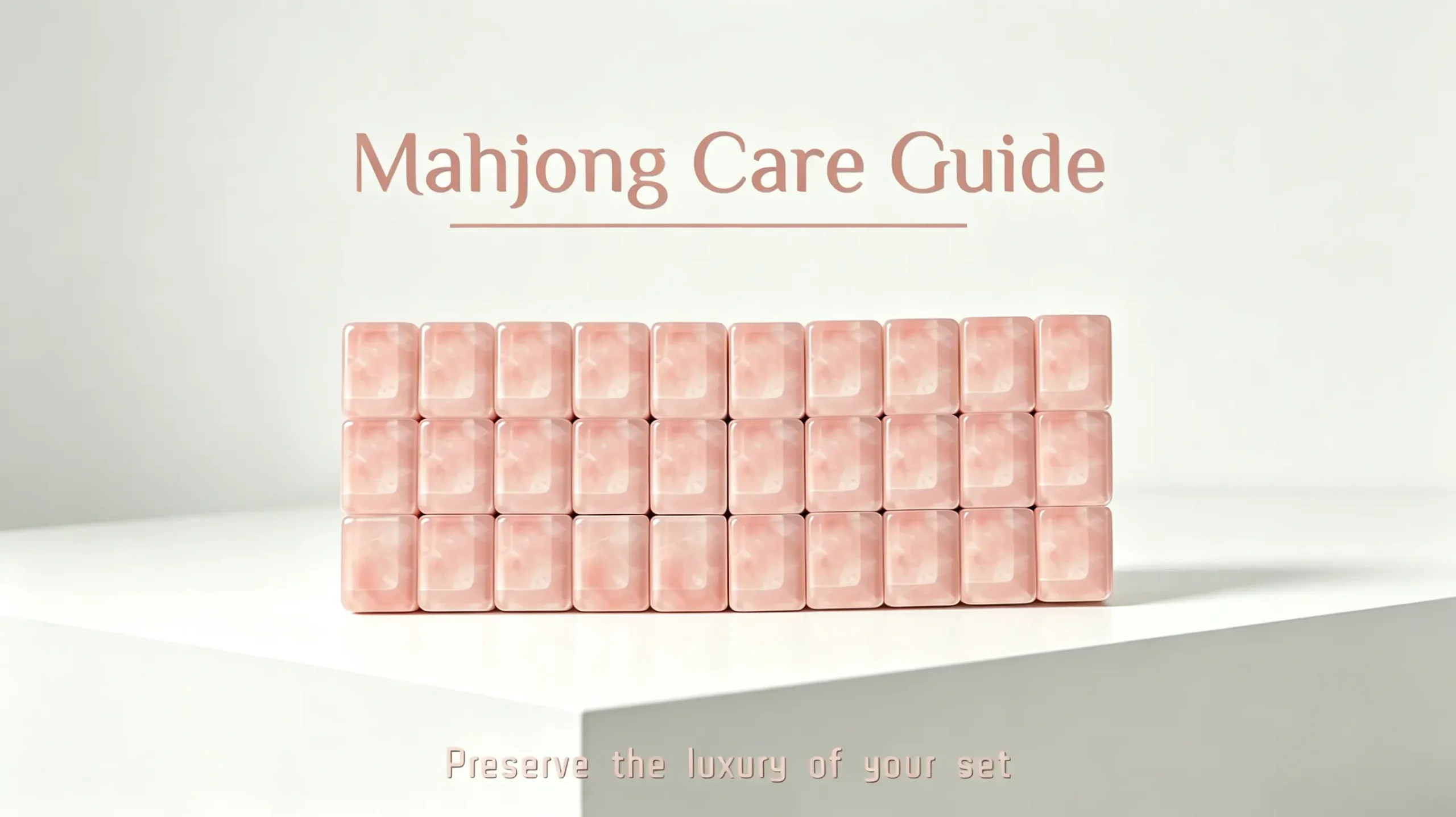 Top-down shot of neatly arranged pearl pink mahjong tiles, cover graphic made for Premium Mahjong Tile Care maintenance guidance