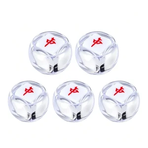 Five transparent Wind Position Dice for tabletop mahjong games, polished clear plastic weighted dice to mark four seating directions E S W N