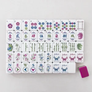 Full flat layout of Twilight rose pink mahjong tiles, showing dots, characters, bamboos, winds, flower tiles, dragon tile and butterfly jokers