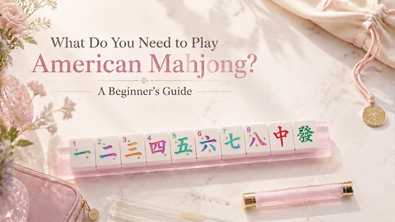 American Mahjong beginner setup with Mahjong tiles, rack, and accessories