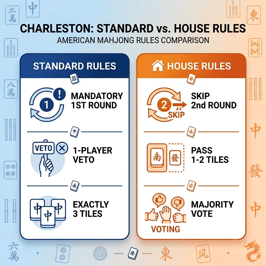 Infographic comparing American Mahjong Charleston rules: Standard Rules (Mandatory 1st round, 1-player veto to stop 2nd round, strictly 3 tiles passed) vs. House Rules (Option to skip 2nd round, pass 1-2 tiles, majority vote to end round).